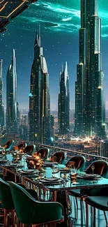 Futuristic skyscrapers with luxurious dining setup under starlit sky.