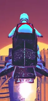 Jetpack traveler flies above a futuristic skyline.