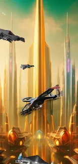 Futuristic city skyline with flying vehicles in gold tones.