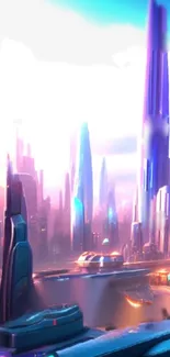 Futuristic city skyline with pink hues and towering skyscrapers.