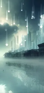 Futuristic skyline with misty reflections and towering skyscrapers.