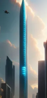 Futuristic cityscape with a towering blue skyscraper under a dramatic sky.