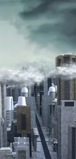 Futuristic skyscrapers rising under cloudy skies.