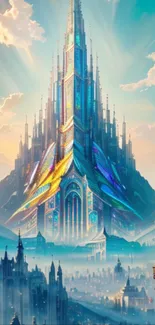 Futuristic cityscape with a vibrant, skyward spire in a fantasy setting.