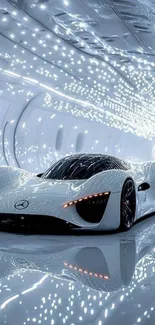Futuristic car with LED lighting in a modern setting.