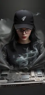 Futuristic woman emerging from smartphone with digital smoke effects.