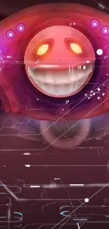 Futuristic smiling orb with glowing purple and red circuits.