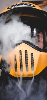 A yellow helmet with smoke for a dynamic mobile wallpaper.