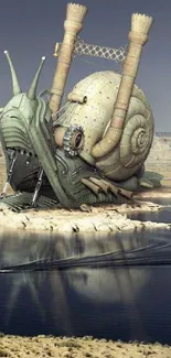 Surreal futuristic snail structure by a river, in a desert landscape.