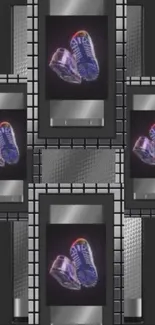 Digital wallpaper featuring futuristic sneakers with a metallic background design.