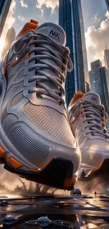 Futuristic sneakers towering over an urban cityscape.