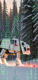 Futuristic robot in snowy forest with warm glow.