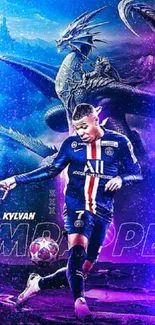 Soccer player with dragon in purple-themed fantasy art wallpaper.