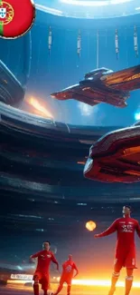 Futuristic soccer arena with spaceships and players.