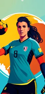 Futuristic female soccer player holds ball in vibrant artwork.