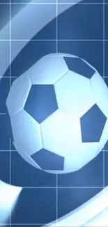 Futuristic soccer ball on a blue digital grid background.