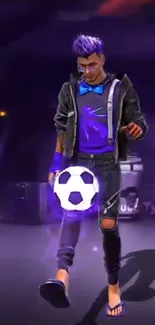 Futuristic soccer player in purple hues kicking a glowing soccer ball.