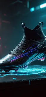 Futuristic soccer shoe glowing with neon lights.