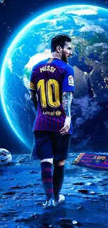 Soccer player on lunar surface with Earth in background.