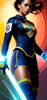 Futuristic warrior woman in glowing soccer uniform.