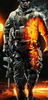 Futuristic soldier in fiery tones mobile wallpaper.