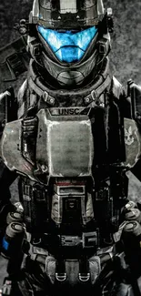 Futuristic soldier in detailed armor with a bright blue visor on black background.