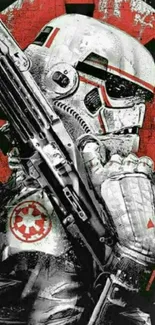 Futuristic soldier in detailed armor with red and black background.