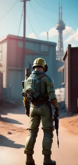 A lone futuristic soldier stands in a cityscape, with a tower and industrial buildings.