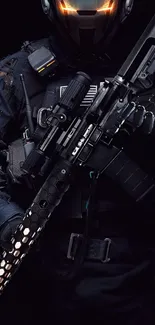 Futuristic soldier in dark armor holding advanced weapon.