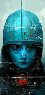 Futuristic soldier in digital art with cyan hues and cybernetic elements.