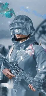 Futuristic soldier in icy armor with a fantasy theme.