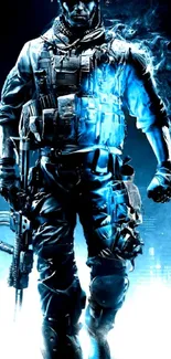 Futuristic soldier in blue neon action scene.