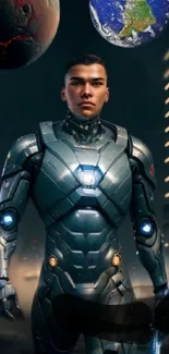 Futuristic soldier in armor with planets in the background.