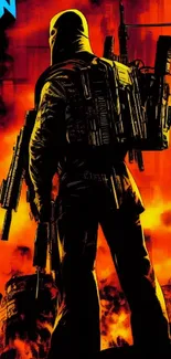 Silhouetted soldier against a fiery orange background in a dynamic wallpaper.