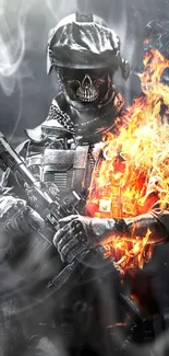 Futuristic soldier with flaming armor. Black background.