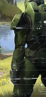 Futuristic soldier in green armor by a tranquil lakeside with trees and mountains.