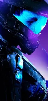 Futuristic soldier with neon blue and purple hues on a mobile wallpaper.