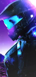 Futuristic soldier in armor with purple background.