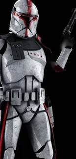 Futuristic soldier in combat armor with a black background and red accents.