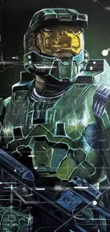 Futuristic soldier in detailed green armor on a dark, dramatic background.