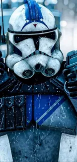 Futuristic soldier in blue and white armor on a mobile wallpaper.