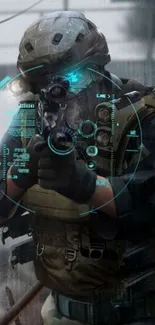 Futuristic soldier aiming with high-tech gear.