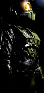 Mysterious armored futuristic soldier with a dark background.