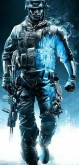 Futuristic soldier with blue smoke mobile wallpaper.