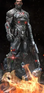 Futuristic armored soldier with glowing accents on a mobile wallpaper.