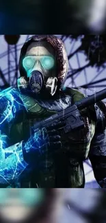 Futuristic soldier with electric blue energy on a mobile wallpaper.