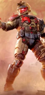 Futuristic soldier in action with high-tech armor and red visor in beige tones.