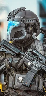 Futuristic soldier in high-tech armor holding weapon.