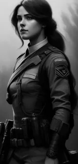 Grayscale illustration of a futuristic soldier with long hair in uniform.