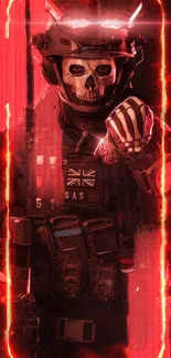 Futuristic soldier with red neon glow in dark background.